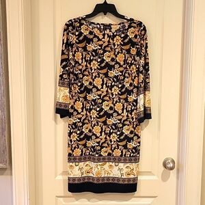 Enfocus Studio navy and yellow print dress. Size 8, Stretchy. EUC